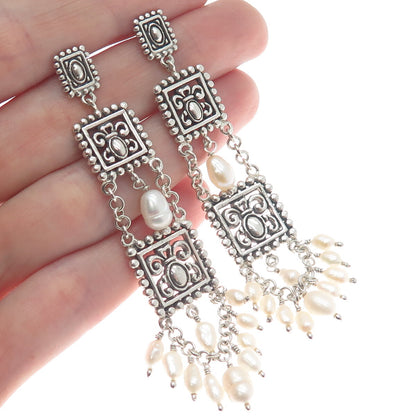 925 Sterling Silver Vintage Real Pearl Ethnic / Boho Dangling Earrings