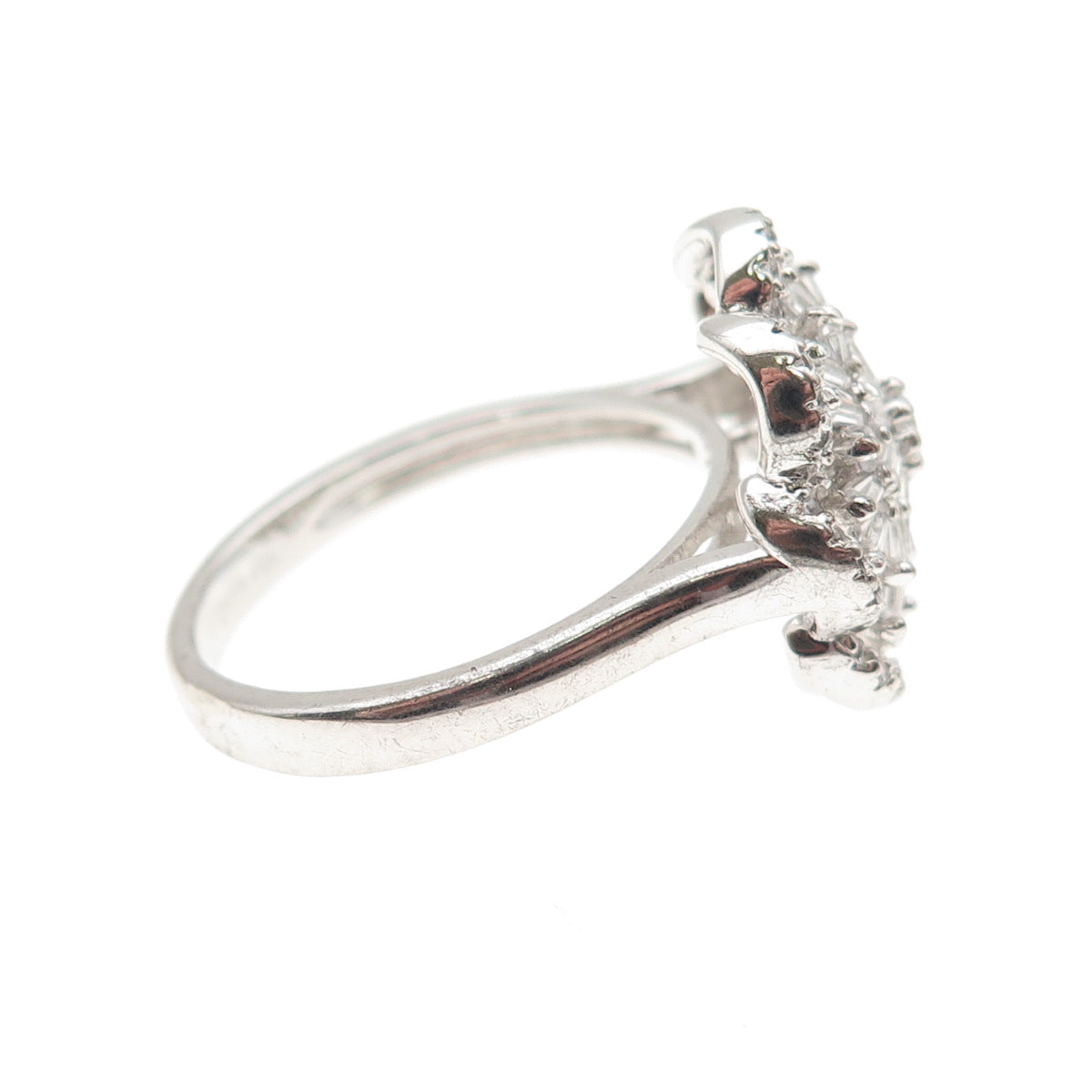 925 Sterling Silver Round & Tapered Baguette-Cut C Z Floral Ring Size 9