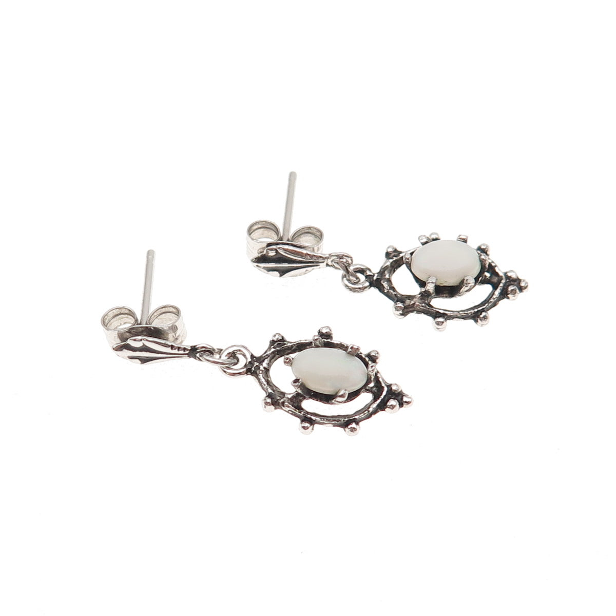 925 Sterling Silver Vintage Real Opal Oxidized Dangle Earrings