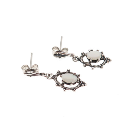925 Sterling Silver Vintage Real Opal Oxidized Dangle Earrings