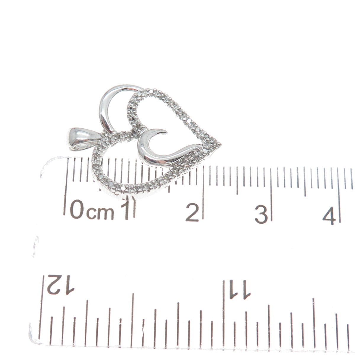 SUN 925 Sterling Silver Real Round-Cut Diamond Double Heart Minimalist Pendant