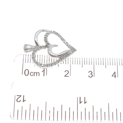 SUN 925 Sterling Silver Real Round-Cut Diamond Double Heart Minimalist Pendant