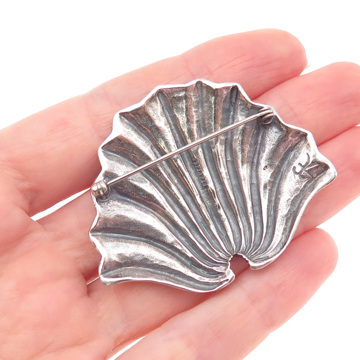 J.H. BREAKELL 925 Sterling Silver Vintage Modernist Seashell Oxidized Pin Brooch