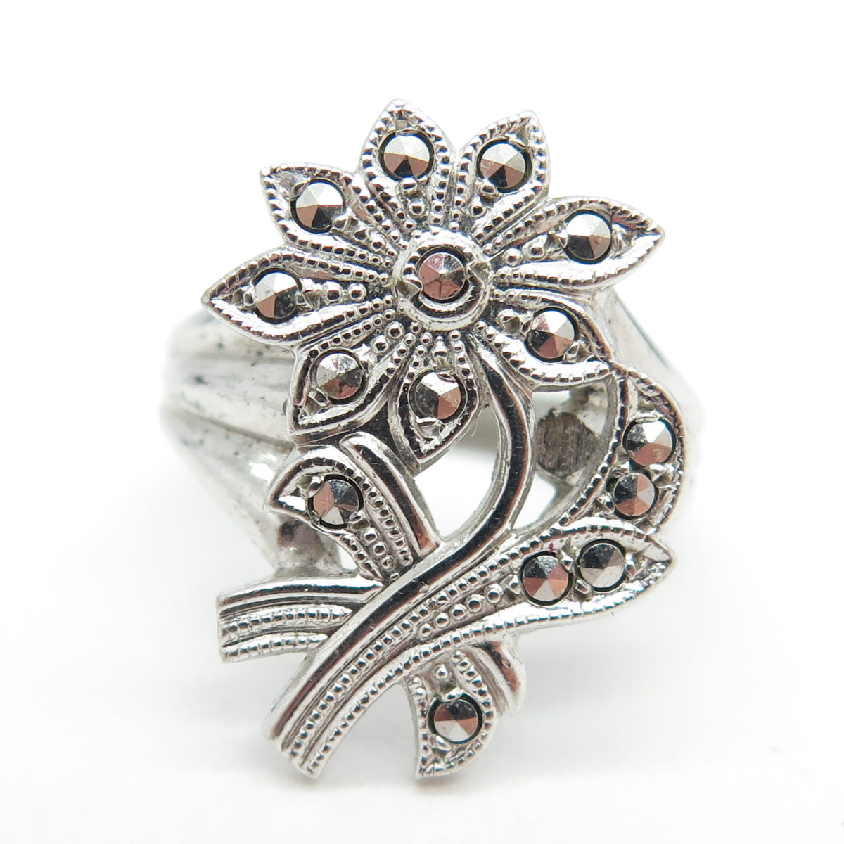 925 Sterling Silver Antique Art Deco Real Marcasite Gem Floral Ring Size 3.75