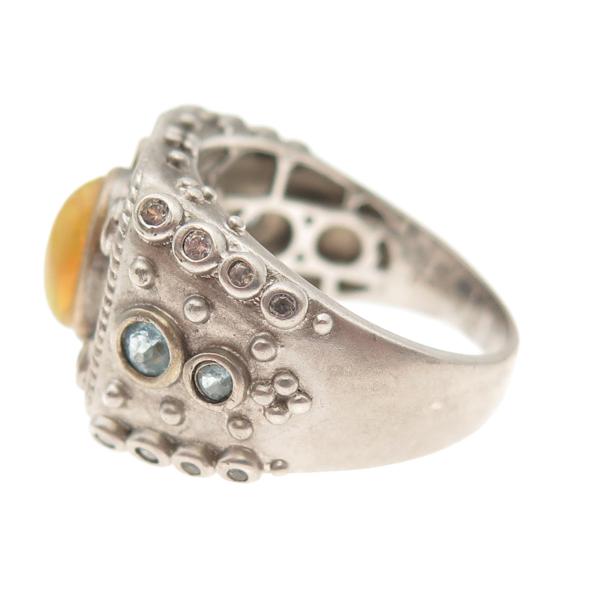 925 Sterling Silver Real Opal Blue Topaz & C Z Ring Size 9.25