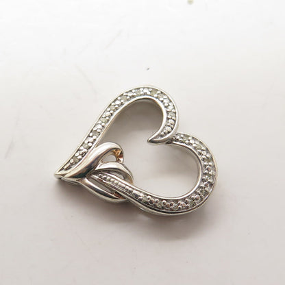 SUN 925 Sterling Silver Real Round-Cut Diamond Heart Slide Pendant