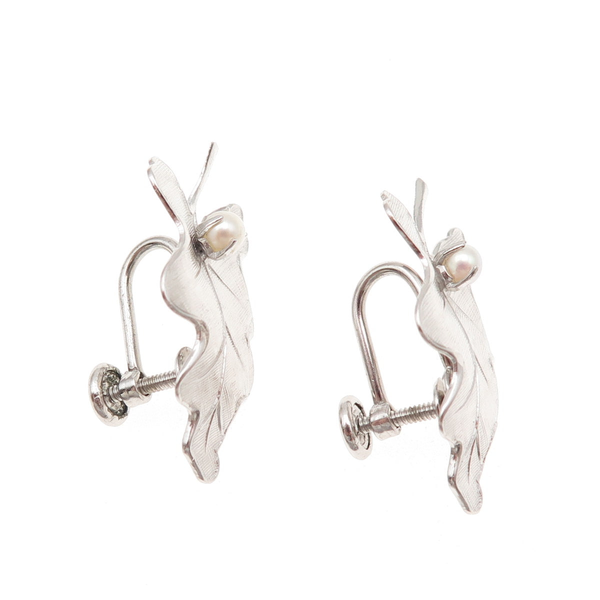 Carl Art 925 Sterling Antique Art Deco Real Pearl Oak Leaf Screw Back Earrings