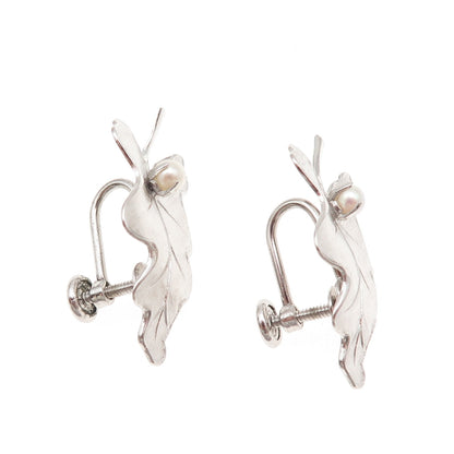 Carl Art 925 Sterling Antique Art Deco Real Pearl Oak Leaf Screw Back Earrings