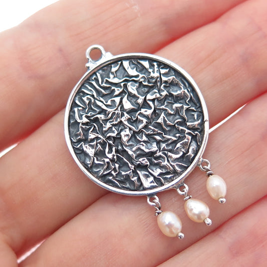 925 Sterling Silver Vintage Real Pearl Modernist Oxidized Charm Pendant