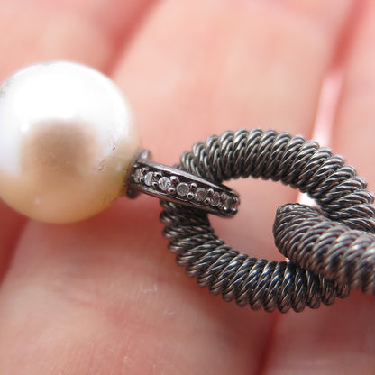 925 Sterling Silver Black Rhodium Vintage Real Diamond Pearl Chain Necklace 32"