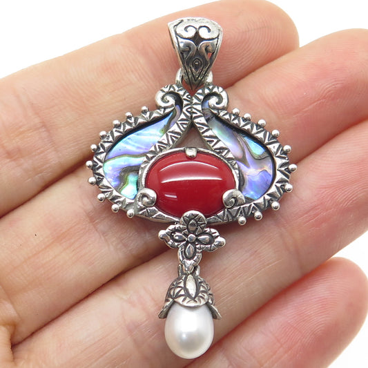 925 Sterling Silver Vintage Real Coral Abalone Shell & Pearl Floral Pendant