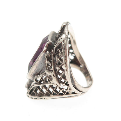 925 Sterling Silver Antique Art Deco Real Emerald-Cut Amethyst Ring Size 2