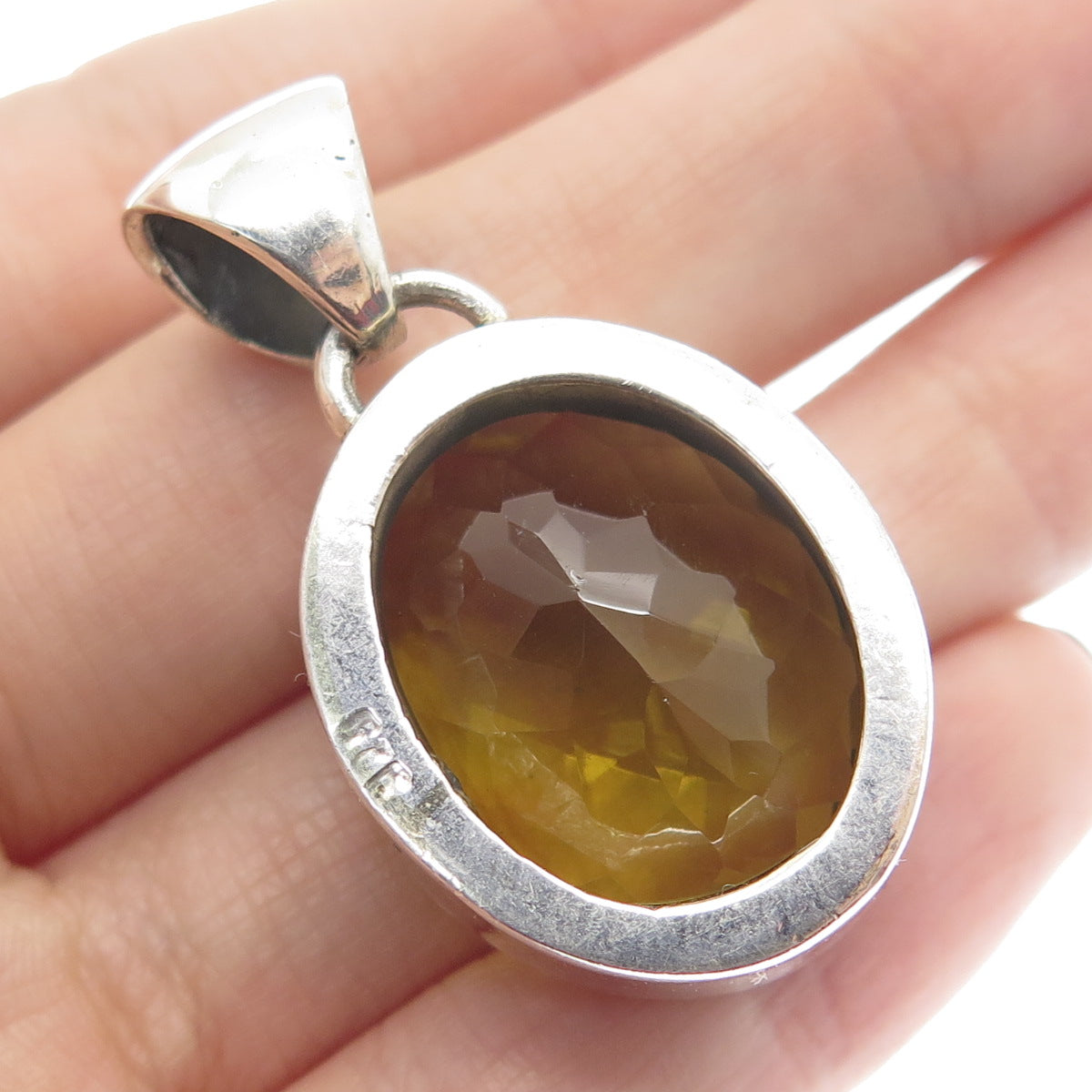925 Sterling Silver Vintage Real Checkered Citrine Gemstone Pendant