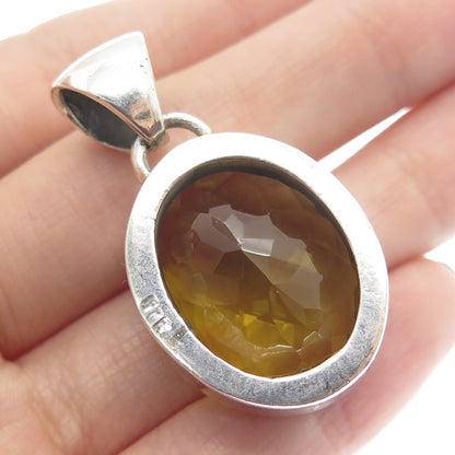 925 Sterling Silver Vintage Real Checkered Citrine Gemstone Pendant