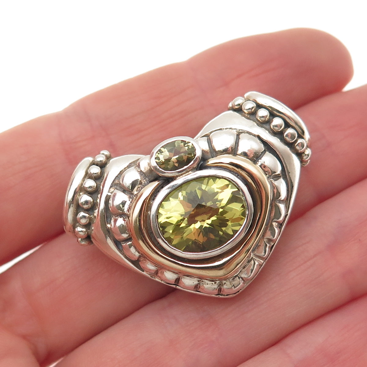 SAMUEL BENHAM Sterling Silver 14K Gold Vintage Real Peridot Heart Slide Pendant