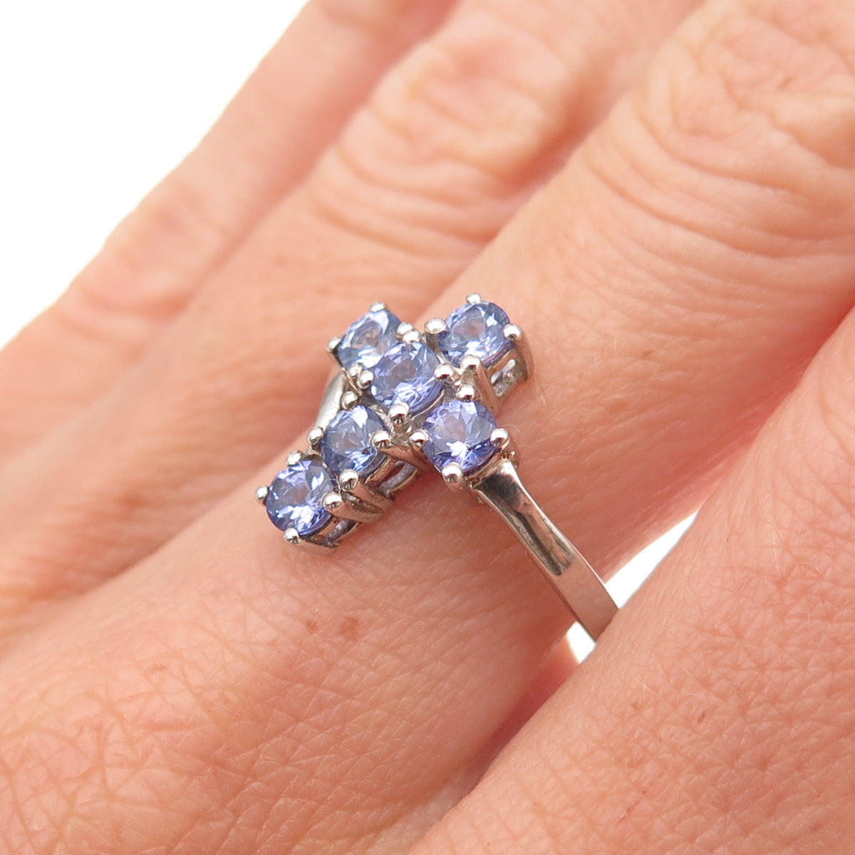 Chuck Clemency 925 Sterling Silver Real Round-Cut Tanzanite Cross Ring Size 7
