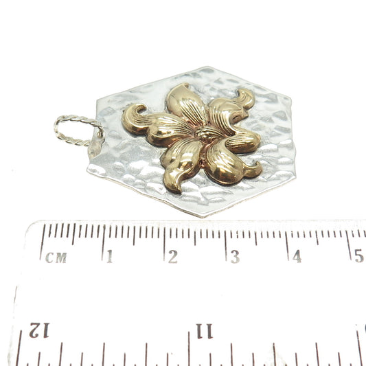 925 Sterling Silver 2-Tone Vintage Lily Flower Hammered Finish Pendant