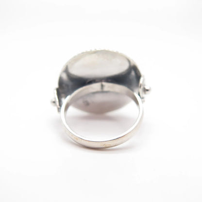 925 Sterling Silver Vintage Real Green Onyx Gem Swirl Round Ring Size 7.75