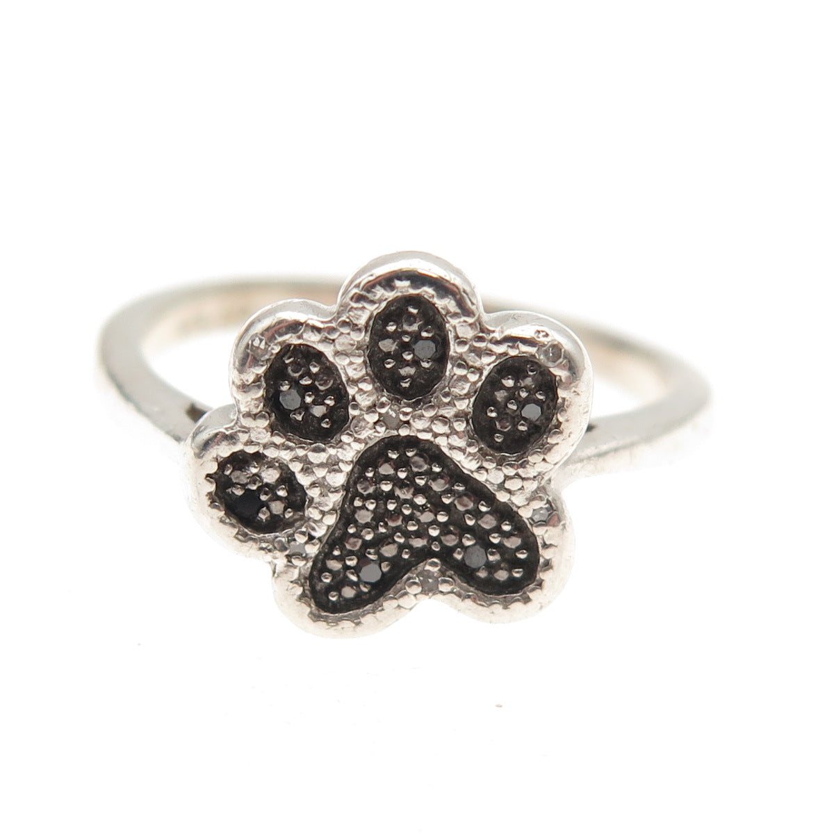 925 Sterling Silver Real Round-Cut Black & White Diamond Dog Paw Ring Size 7