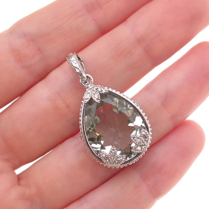 925 Sterling Silver Mexico Real Diamond & Green Amethyst Teardrop Charm Pendant