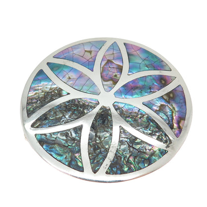LOS BALLESTEROS Sterling Vintage Mexico Real Abalone Shell Flower Brooch Pendant