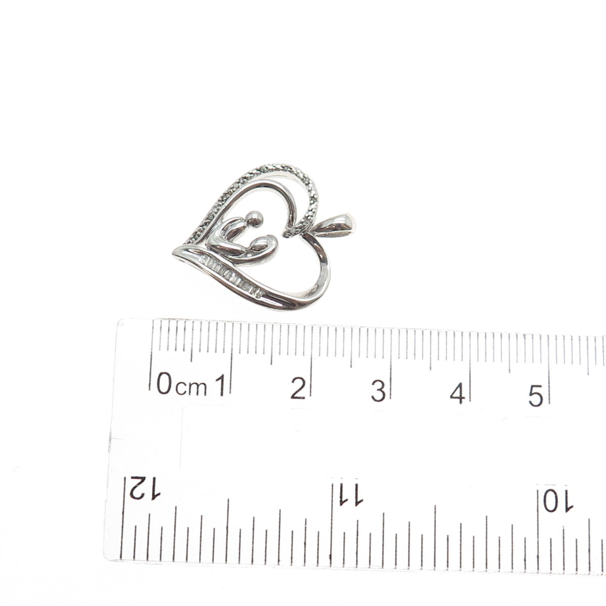 SUN 925 Sterling Silver Real Multi-Cut Diamond Mom & Child Heart Charm Pendant