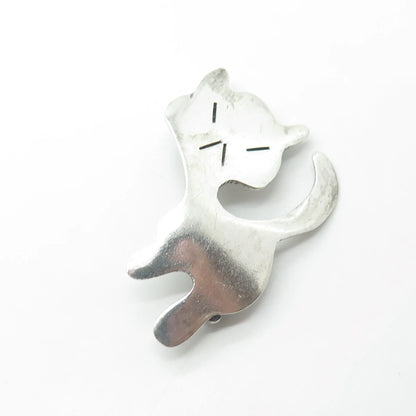 925 Sterling Silver Vintage Mexico Angry Cat Modernist Pin Brooch
