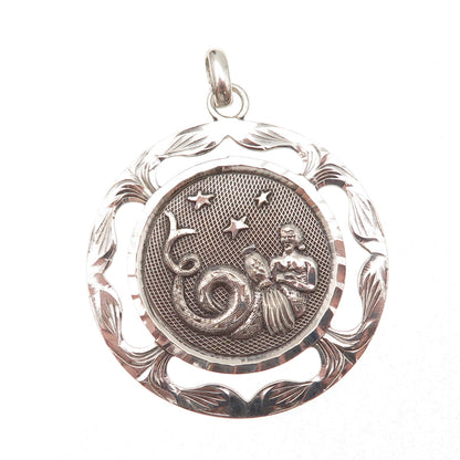 925 Sterling Silver Vintage Mexico Aquarius Zodiac Sign Oxidized Pendant