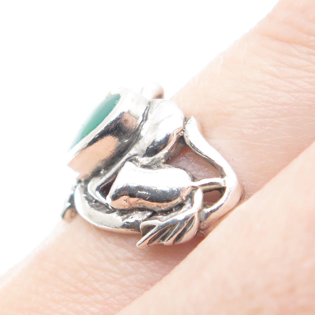 925 Sterling Silver Vintage Real Green Onyx Flower Oxidized Ring Size 9.25