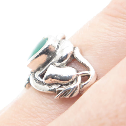 925 Sterling Silver Vintage Real Green Onyx Flower Oxidized Ring Size 9.25
