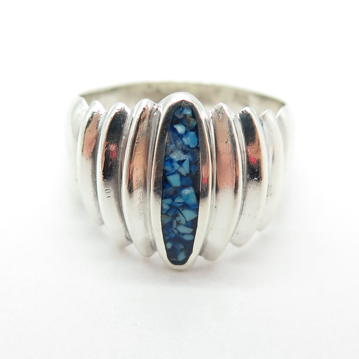 925 Sterling Silver Vintage Real Turquoise Inlay Modernist Ring Size 8.75