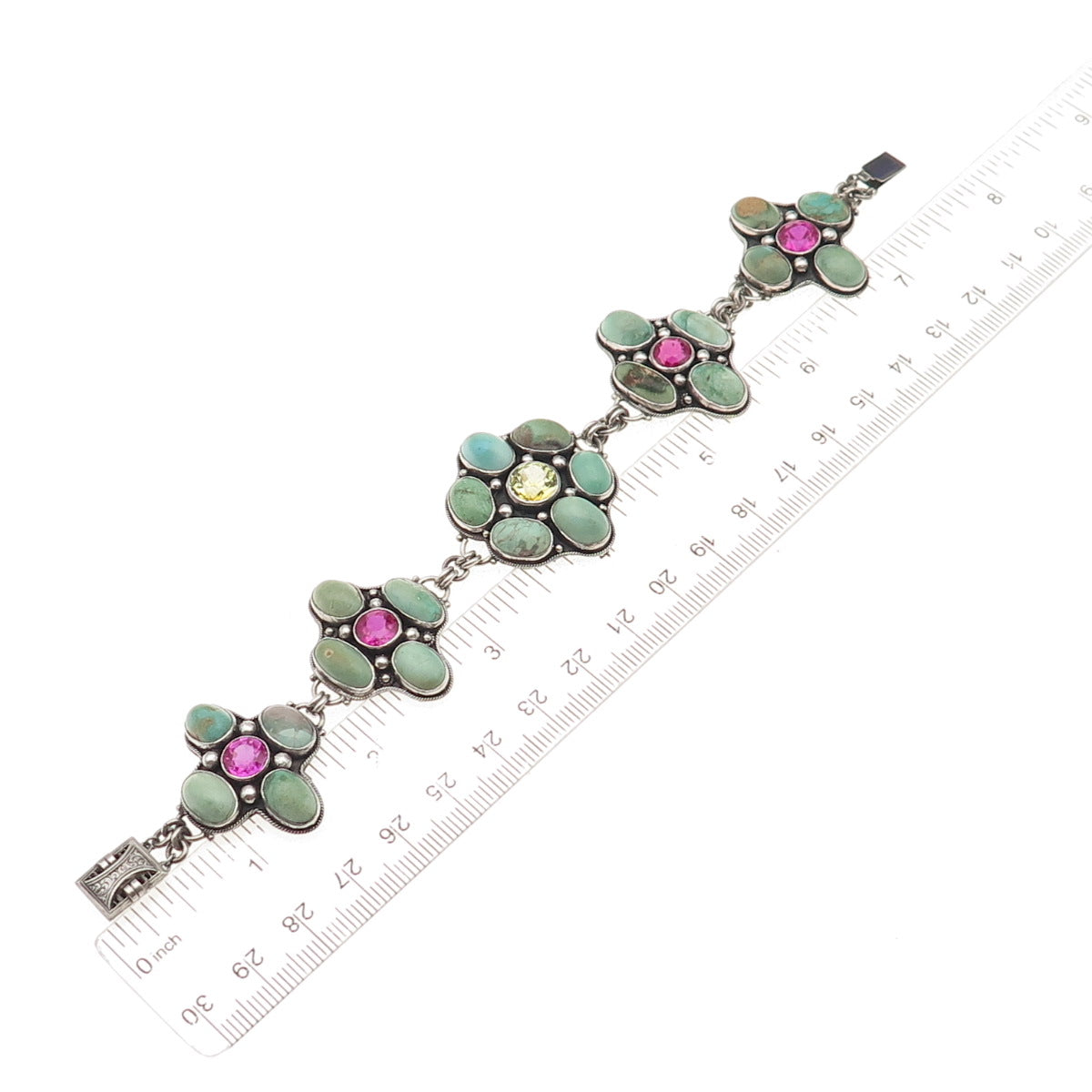 925 Sterling Antique Real Turquoise & Lab-Created Multi-Sapphire Bracelet 6.75"