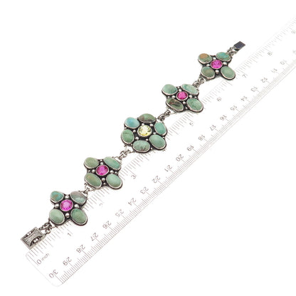 925 Sterling Antique Real Turquoise & Lab-Created Multi-Sapphire Bracelet 6.75"