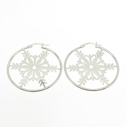 925 Sterling Silver Snowflake Hoop Earrings