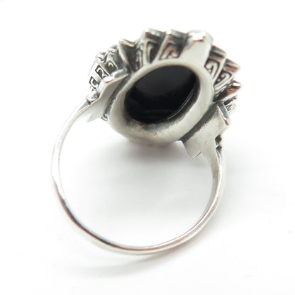 UNCAS 925 Sterling Silver Antique Black Onyx & Marcasite Gem Ring Size 7.5