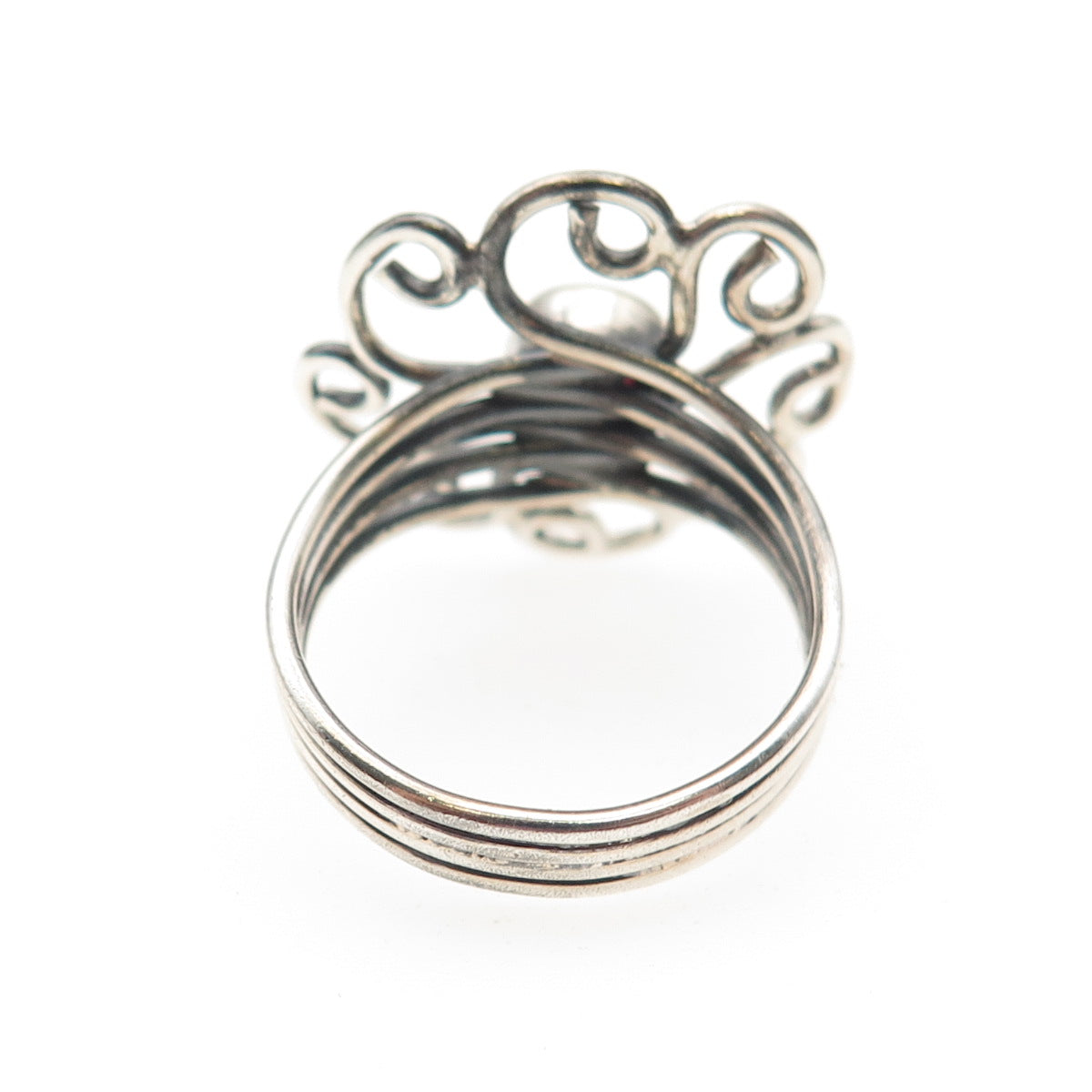 925 Sterling Silver Vintage Real Rhodolite Swirl Flower Oxidized Ring Size 8.25