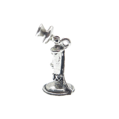BEAU 925 Sterling Silver Vintage Retro Candlestick Phone 3D Charm Pendant