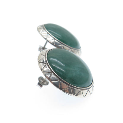 925 Sterling Silver Vintage Real Cabochon Aventurine Modernist Oxidized Earrings