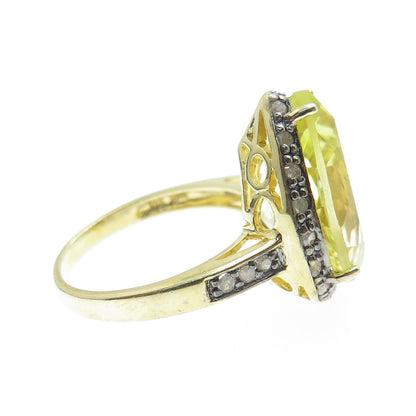 925 Sterling Silver Gold Plated Diamond & Pear-Cut Citrine Gem Ring Size 8.25