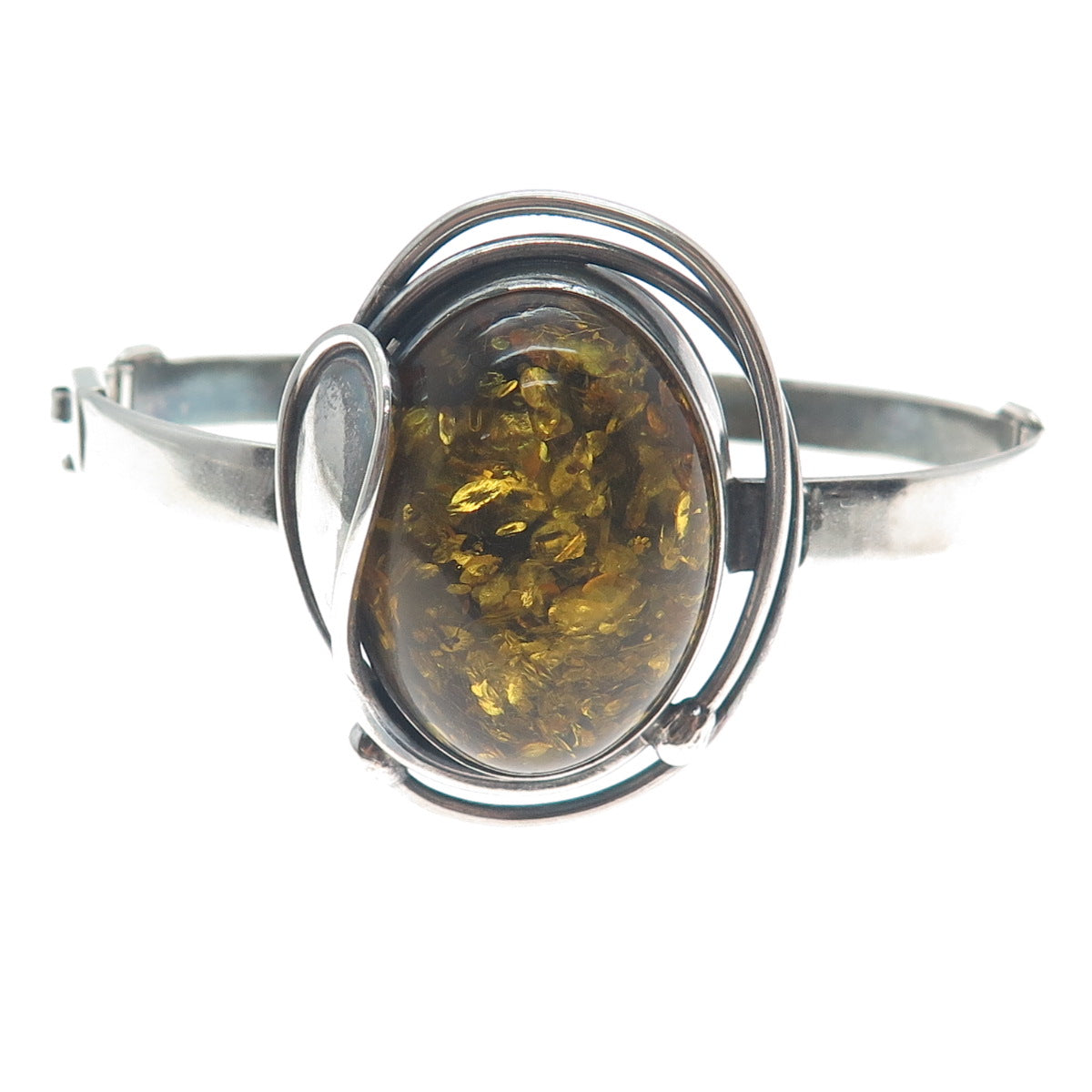 925 Sterling Silver Vintage LL Poland Real Amber Modernist Bangle Bracelet 6.5"