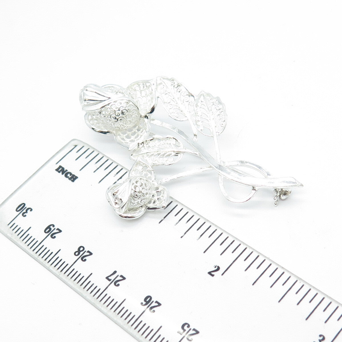 925 Sterling Silver Vintage Germany Twig Leaf Ornate Pin Brooch