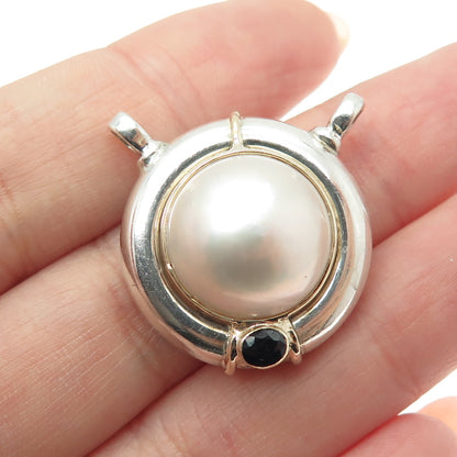 14K Gold Sterling Silver Vintage Pearl & Sapphire Modernist Centerpiece Pendant