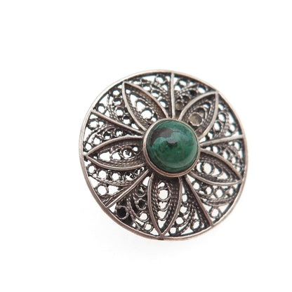 925 Sterling Silver Vintage Real Turquoise Floral Filigree Oxidized Pin Brooch