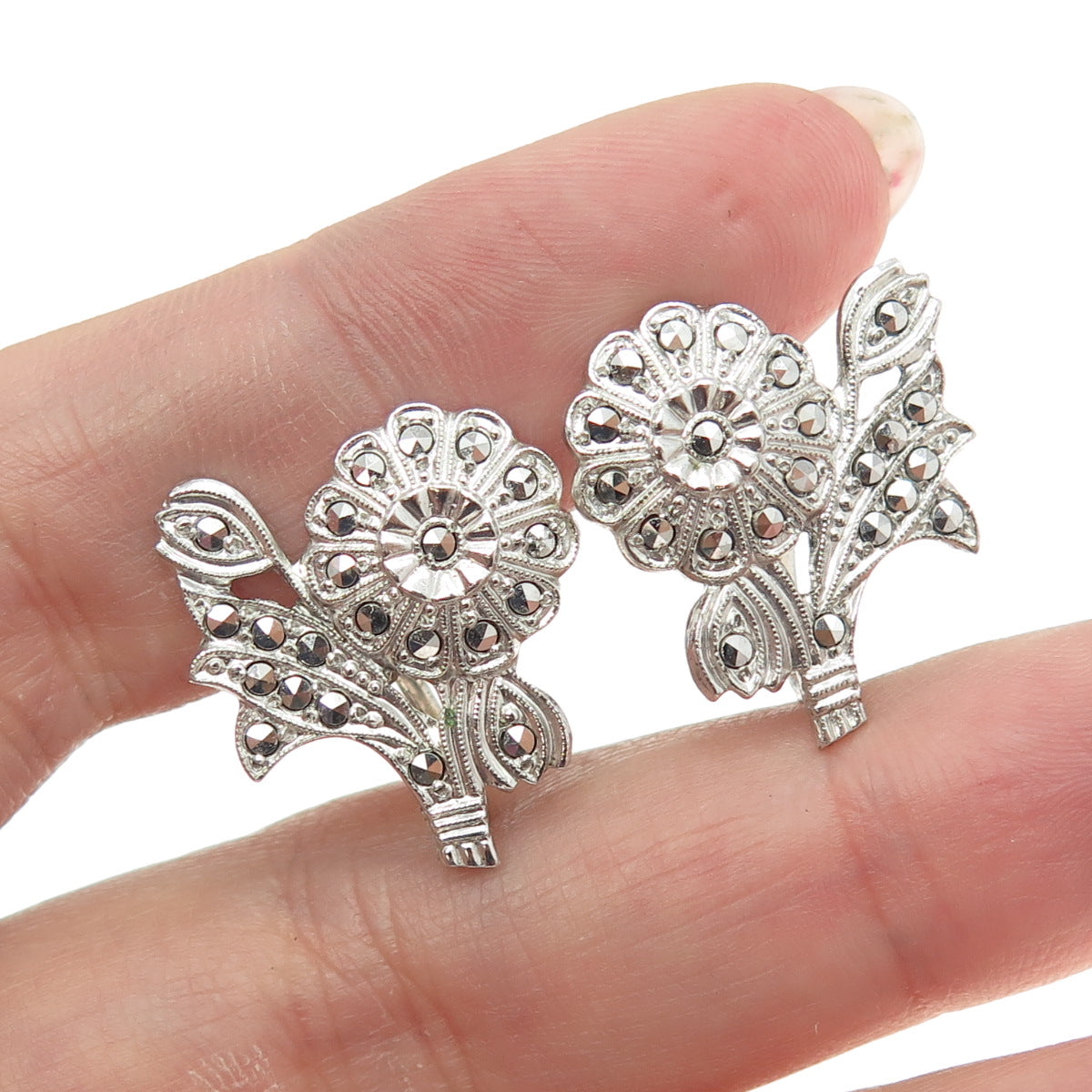 925 Sterling Silver Antique Art Deco Marcasite Gem Floral Screw Back Earrings