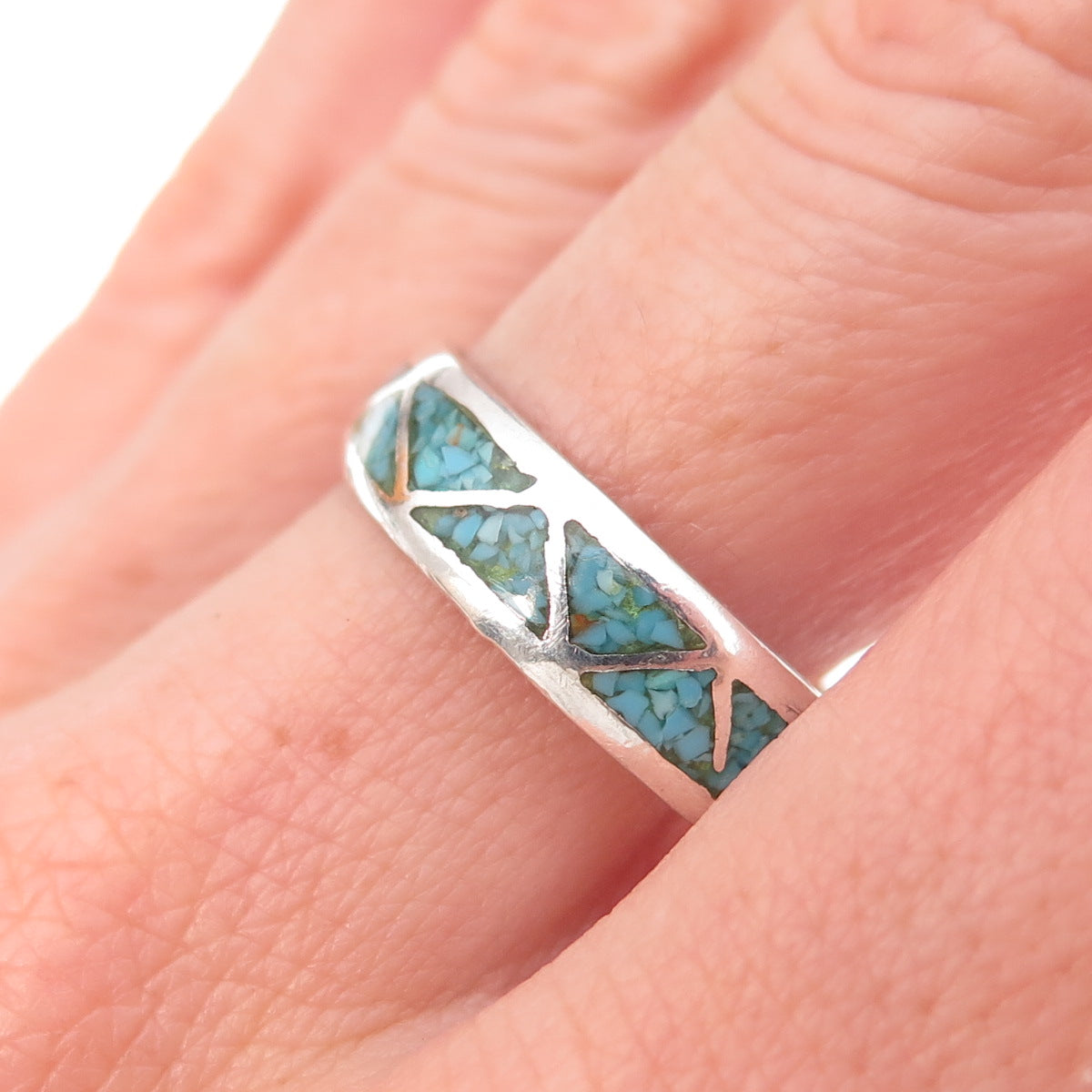 Old Pawn 925 Sterling Silver Vintage Turquoise Inlay Tribal Band Ring Size 11.5