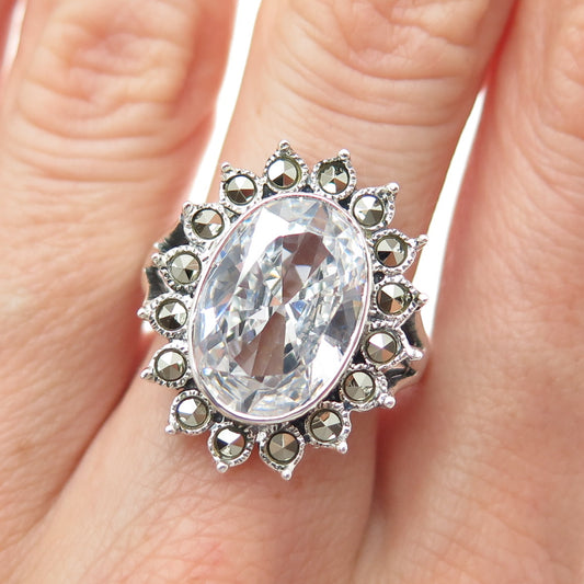 925 Sterling Silver Vintage Real Marcasite & C Z Art Deco Style Ring Size 9