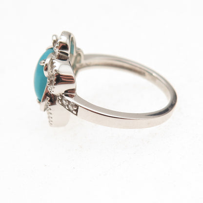 925 Sterling Silver Real Sleeping Beauty Turquoise & Topaz Floral Ring Size 8