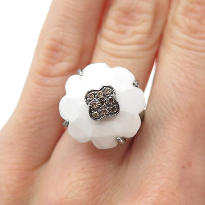 CLYDE DUNEIER CID Sterling Champagne Diamond & White Onyx Flower Ring Size 5.25