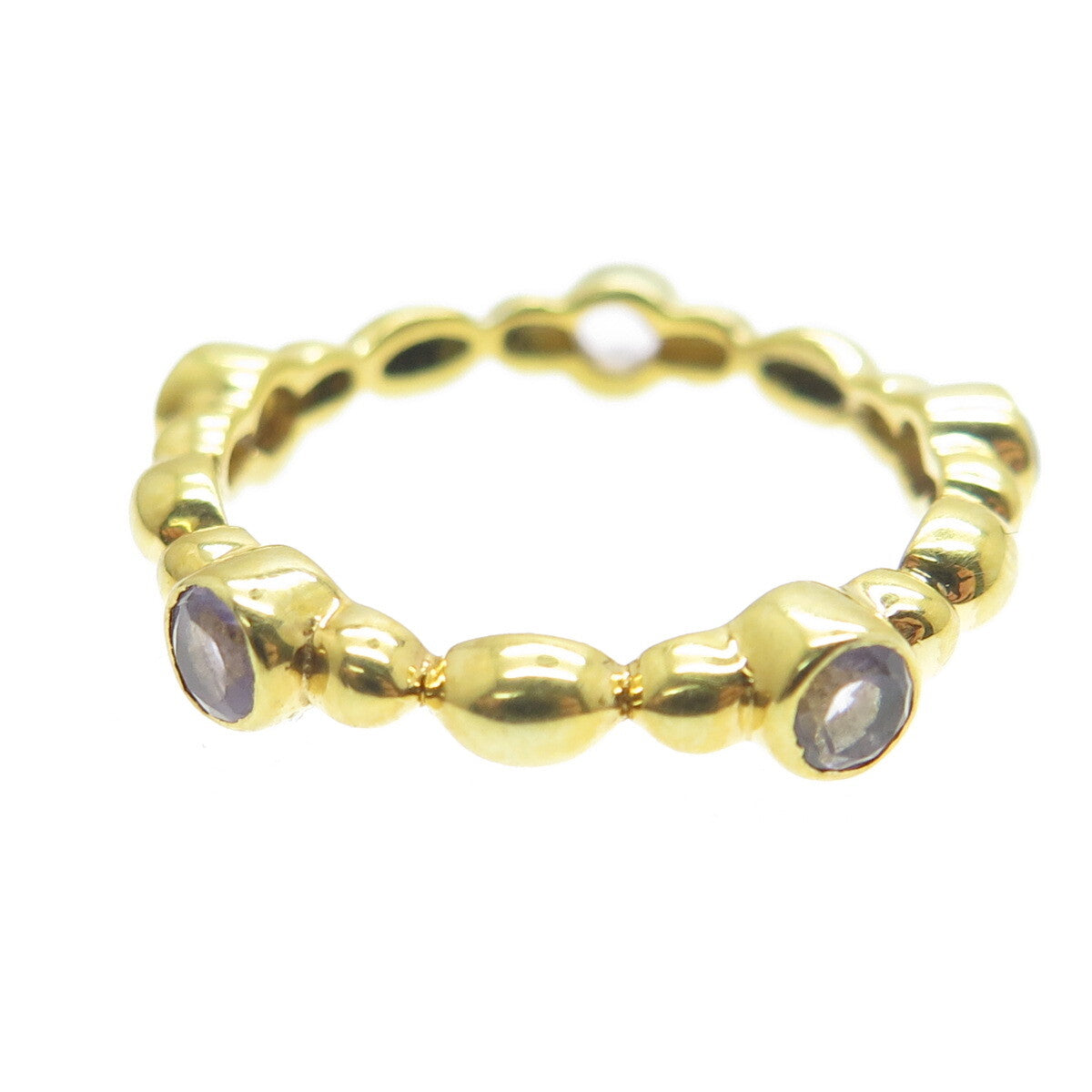925 Sterling Silver Gold Plated Real Amethyst Beaded Band Ring Size 6.75