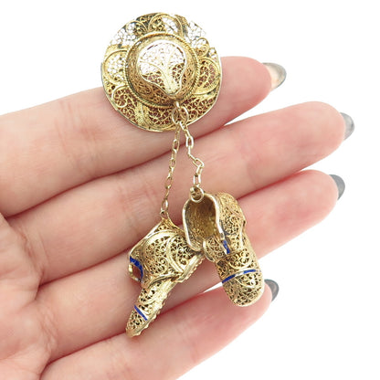 925 Sterling Silver Gold Plated Vintage Portugal Enamel Hat Boots Dangle Brooch